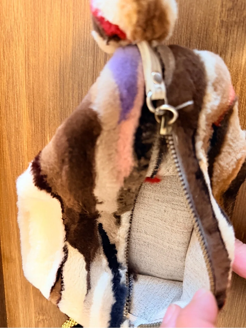 Multicolor Fur Wristlet Clutch with Gold Ring